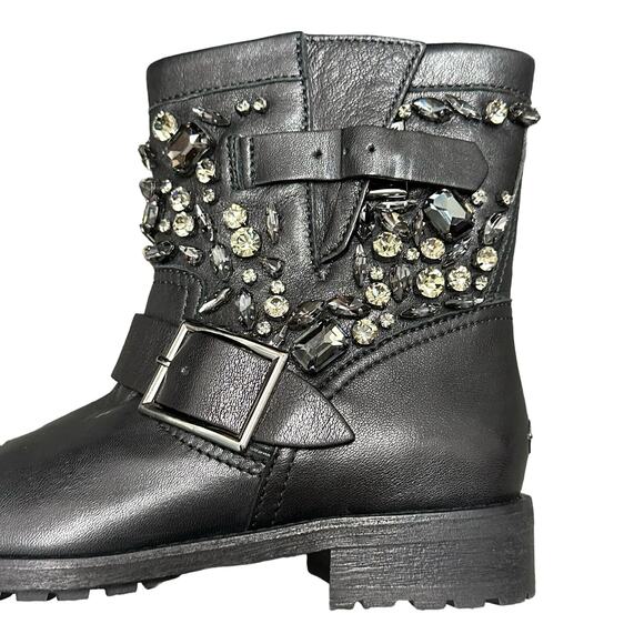 NEW Jimmy Choo Black Leather Biker Boots Gunmetal Crystal Embellished 37 / US 7 - Picture 3 of 10